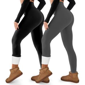 2 Pack Fleece Lined Leggings Women Tummy Control High Waisted Workout Winter Warm Soft Yoga Pants (Large, 02 Black+gray)