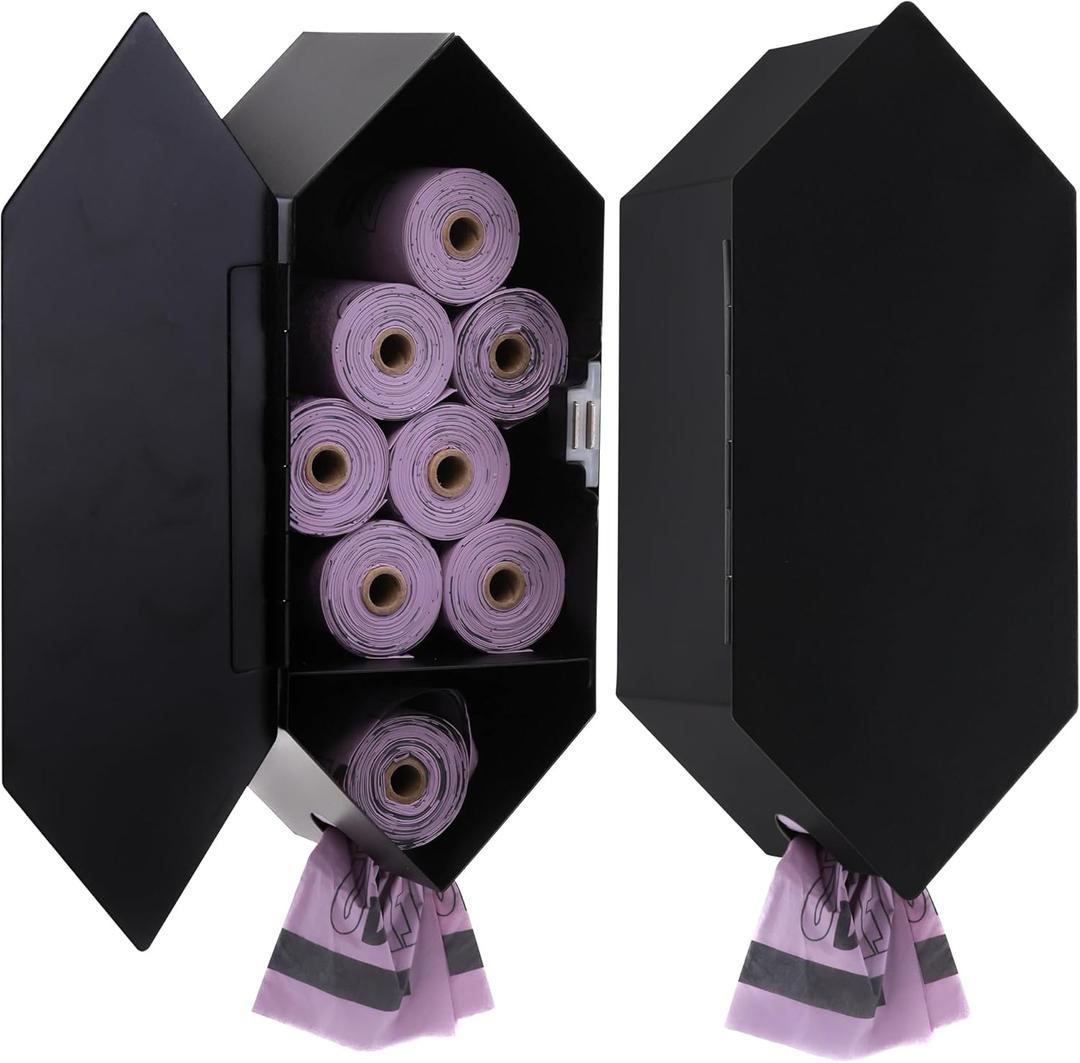 Dog Poop Bag Dispenser with 8 Poop Bag Rolls, Stainless-Steel Dog Bag Holder with Magnetic Door Closure, Indoor and Outdoor Poop Bag Dispenser, Holds 8-9 Rolls, 7.75" x 3.25", Black