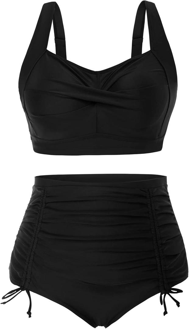 Hanna Nikole Women's Plus Size Twist High Waist V Neck Bikini Sets Ruched Tummy Control Bathing Suit Black 14W