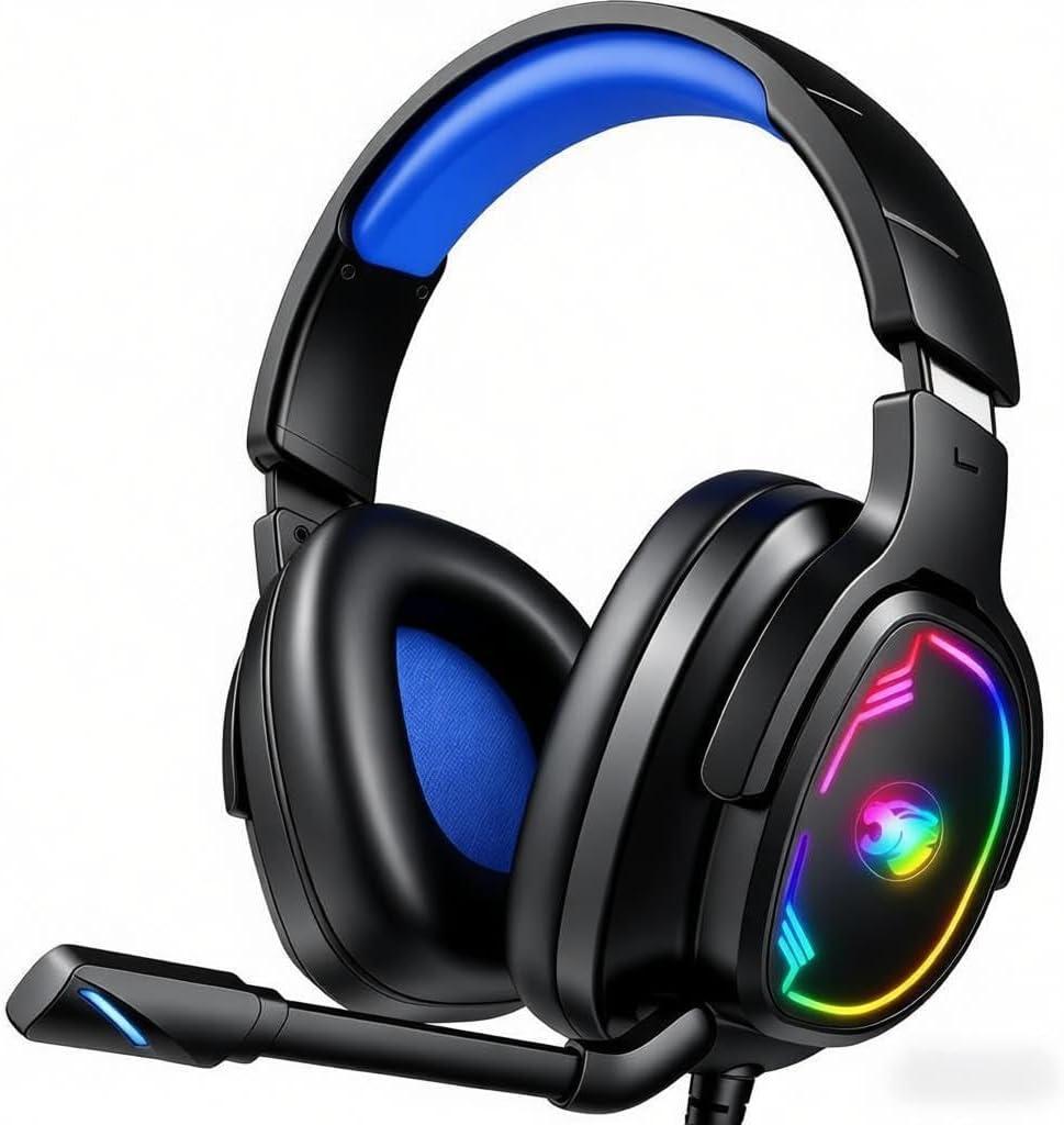 Jimonyer Gaming Headset with Microphone, 7.1 Surround Sound and Noise Canceling Over Ear Headphones for PC/PS4/PS5/Xbox Series/Switch, RGB Light and Soft Imitation Protein Earmuffs (Blue)