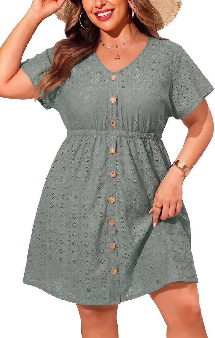 Yonique Plus Size Swimsuit Cover Up Women - V Neck Swimwear Short Sleeve Coverups Ruffle Hem Beach Dress 2026