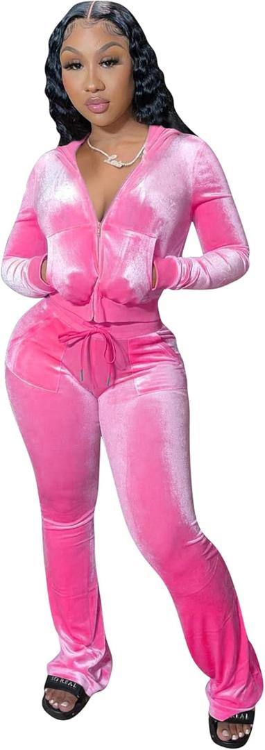 yidengymx Women's 2 Piece Velour Tracksuit Two Piece Outfits for Women Long Sleeve Zip Up Crop Tops Sweatpants Sets Pockets (Hoodie/Wide Leg Pants-pink) S