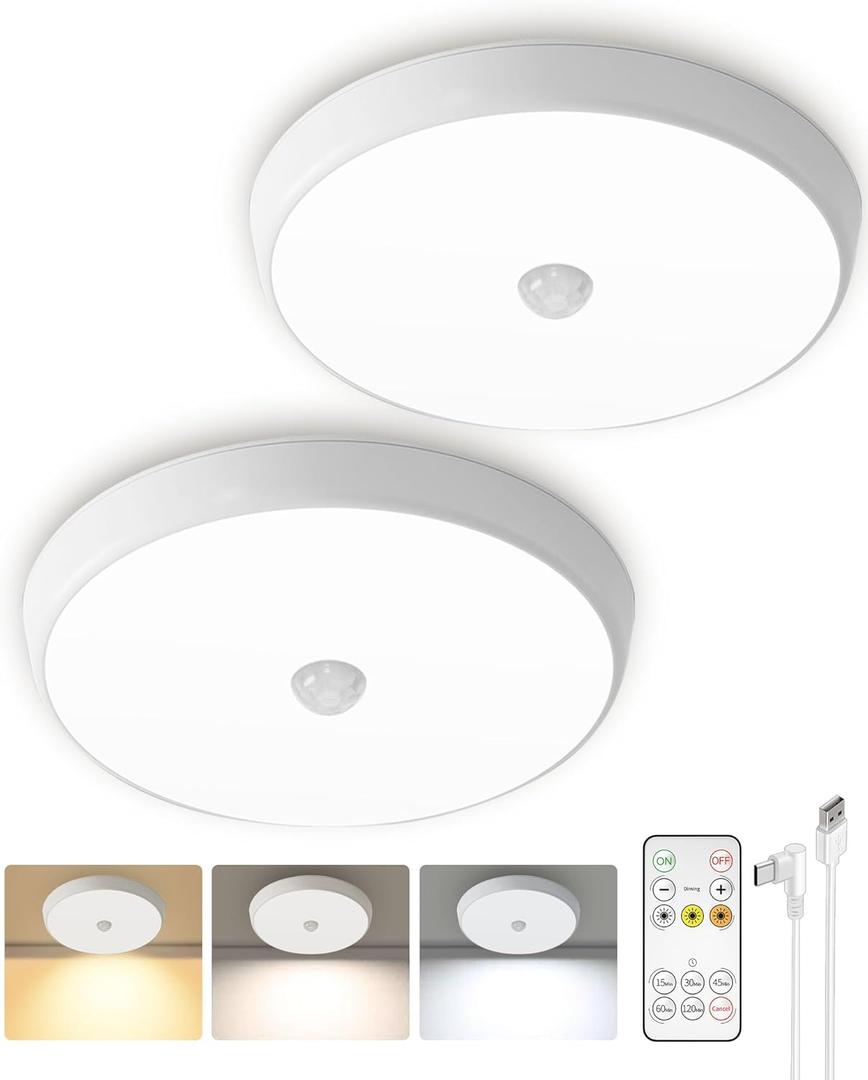 Motion Sensor Light Indoor, 2-Pack, 10000mAh, 7.1inch, 400LM, Remote Control, Dimmable, LED, Flush Mount, Wireless, Rechargeable, Battery Operated, Cordless, Ceiling Light, Closet Light, No Wiring (3 Color Modes: Warm / Neutral / Cool)