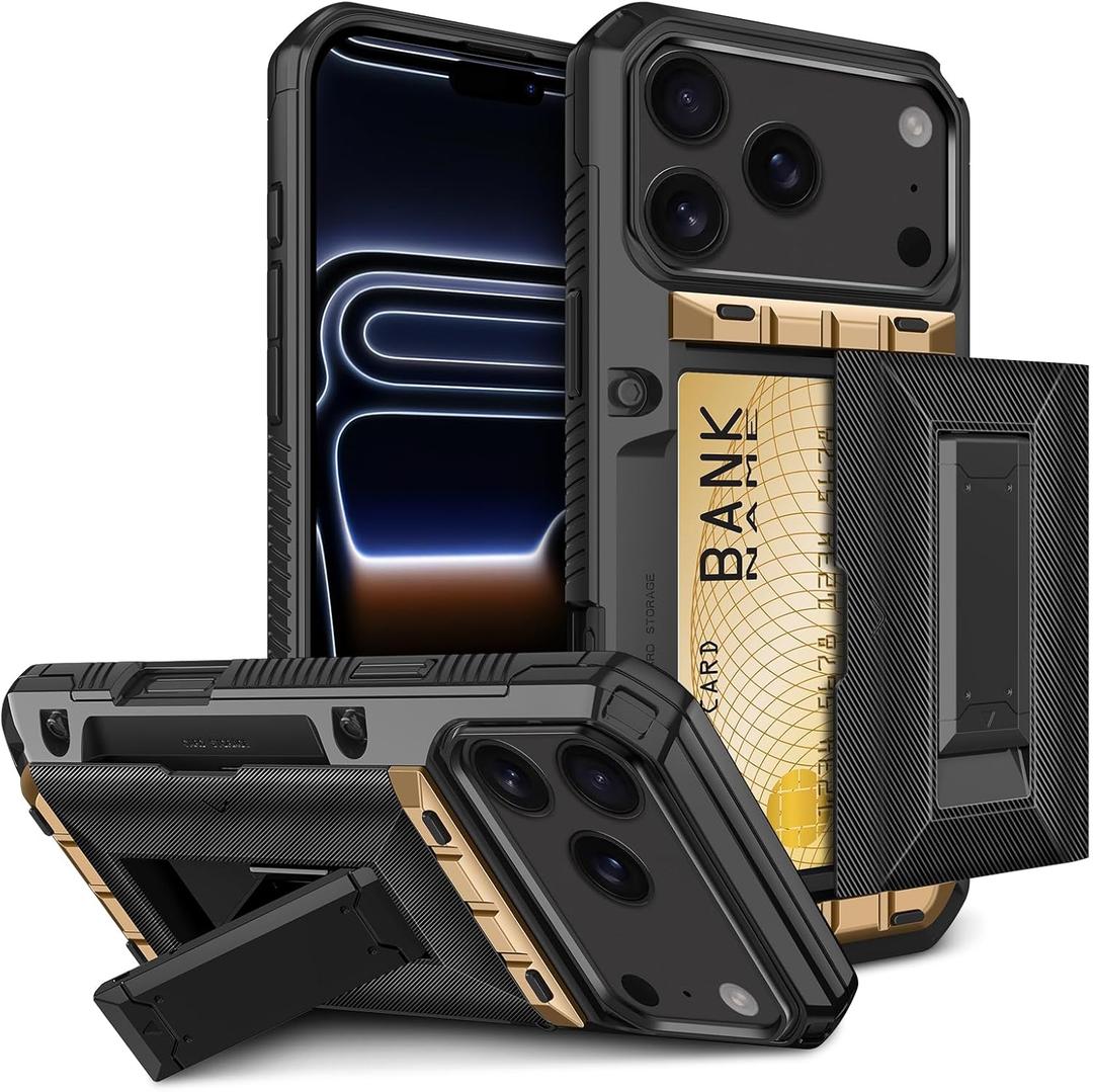 for iPhone 17 Pro Case with Card Holder Kickstand [3-5 Cards] Armor Military Grade Protective Cover Rugged Heavy Duty Shockproof Wallet Case Card Slot for iPhone 17 Pro 6.3 inch for Men, Black