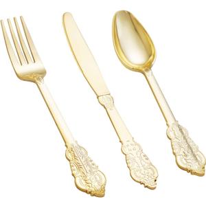 BUCLA 600 Pieces Gold Plastic Silverware - Plastic Gold Utensils - Heavyweight Disposable Cutlery - 200 Gold Forks, 200 Gold Spoons, Gold 200 Knives (7.4inch-Silverware Set)