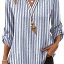 XIEERDUO 3/4 Length Sleeve Womens Tops V Neck T Shirts Both Side Buttons Blouses Business Casual Outfits Loose Fit (Blue, M)