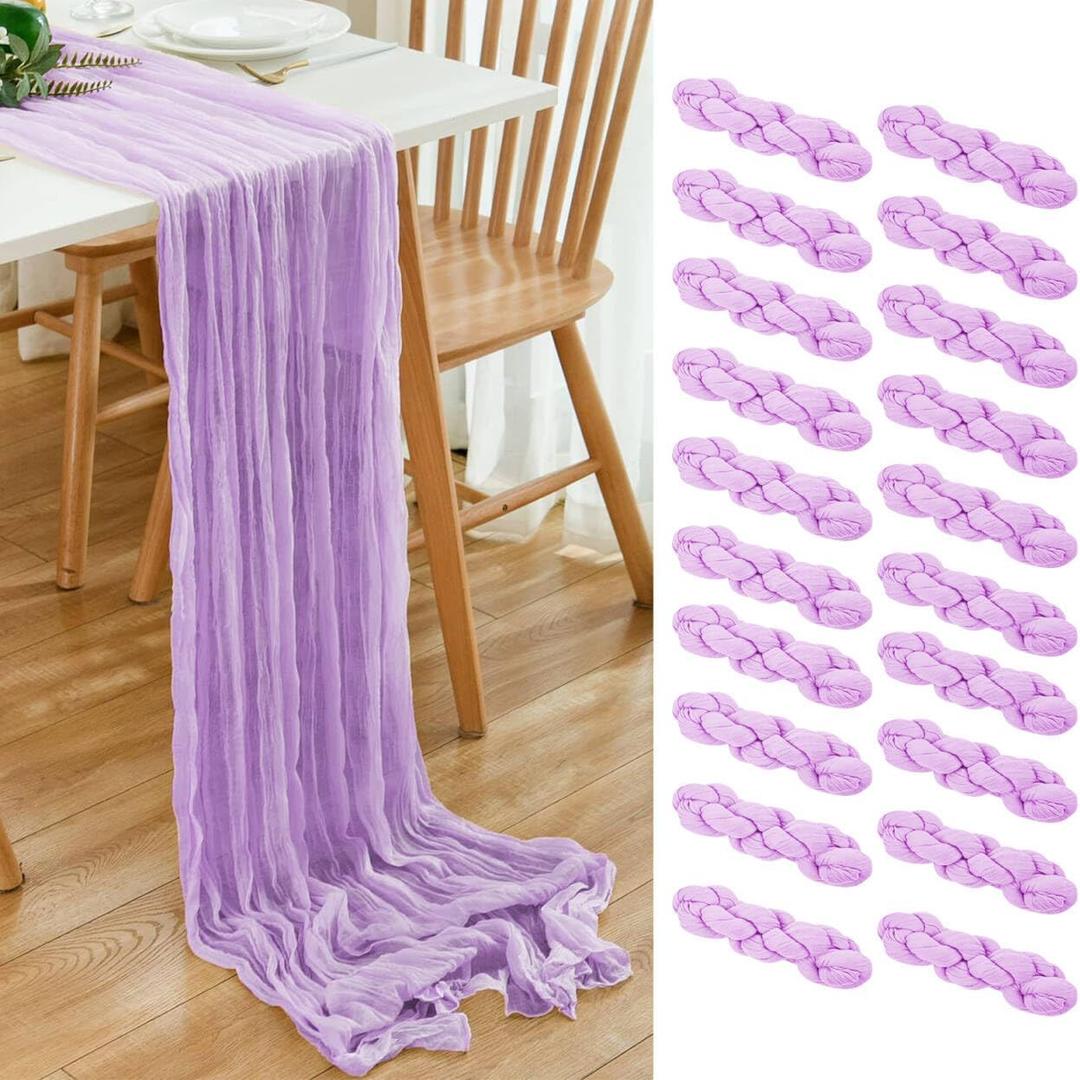 20 Pack Lavender Cheesecloth Table Runner 17x108 Inch Boho Wrinkled Sheer Gauze Cheese Cloth Table Runner Bulk Decor for Wedding, Bridal Shower, Birthday Party