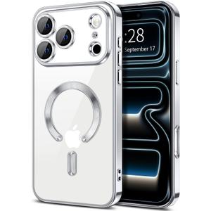 Hython Magnetic Clear for iPhone 17 Pro Case with Camera Lens Protector [Compatible with MagSafe] Luxury Plating Edge Slim Soft TPU Cover Protective Phone Case for iPhone 17 Pro 6.3", Silver