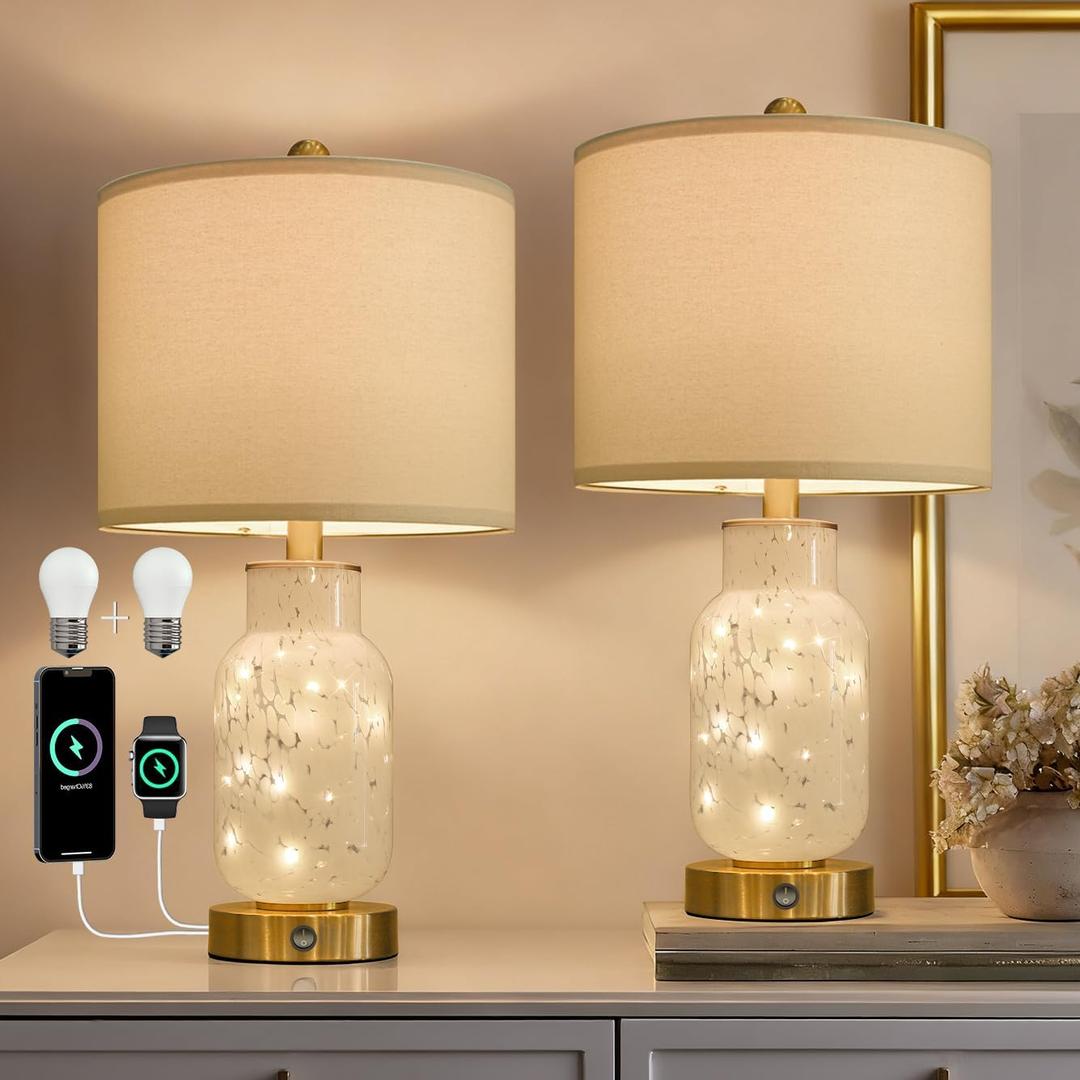 Oneach 22" Glass Table Lamps Set of 2, White Modern Bedside Lamp with LED Night Light for Living Room, Nightstand Lamp with USB Ports for Bedrooms, Study Room, End Table(2 Bulbs Included)