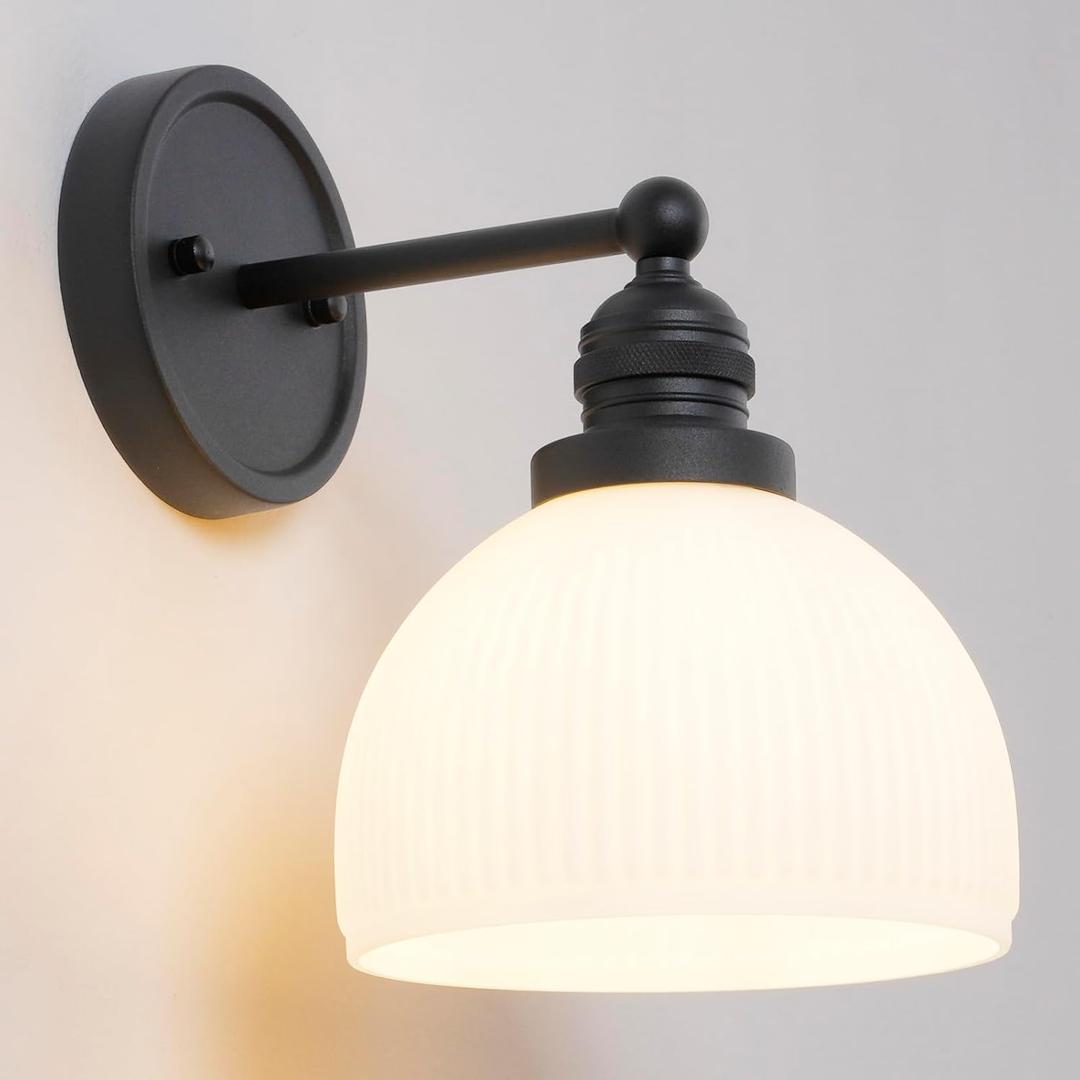 Black Wall Sconce Vintage Bathroom Sconce Light with Frosted Milk Glass Farmhouse Bathroom Vanity Light for Living Room Bedroom Hallway Stairway E26 Hardwire Indoor