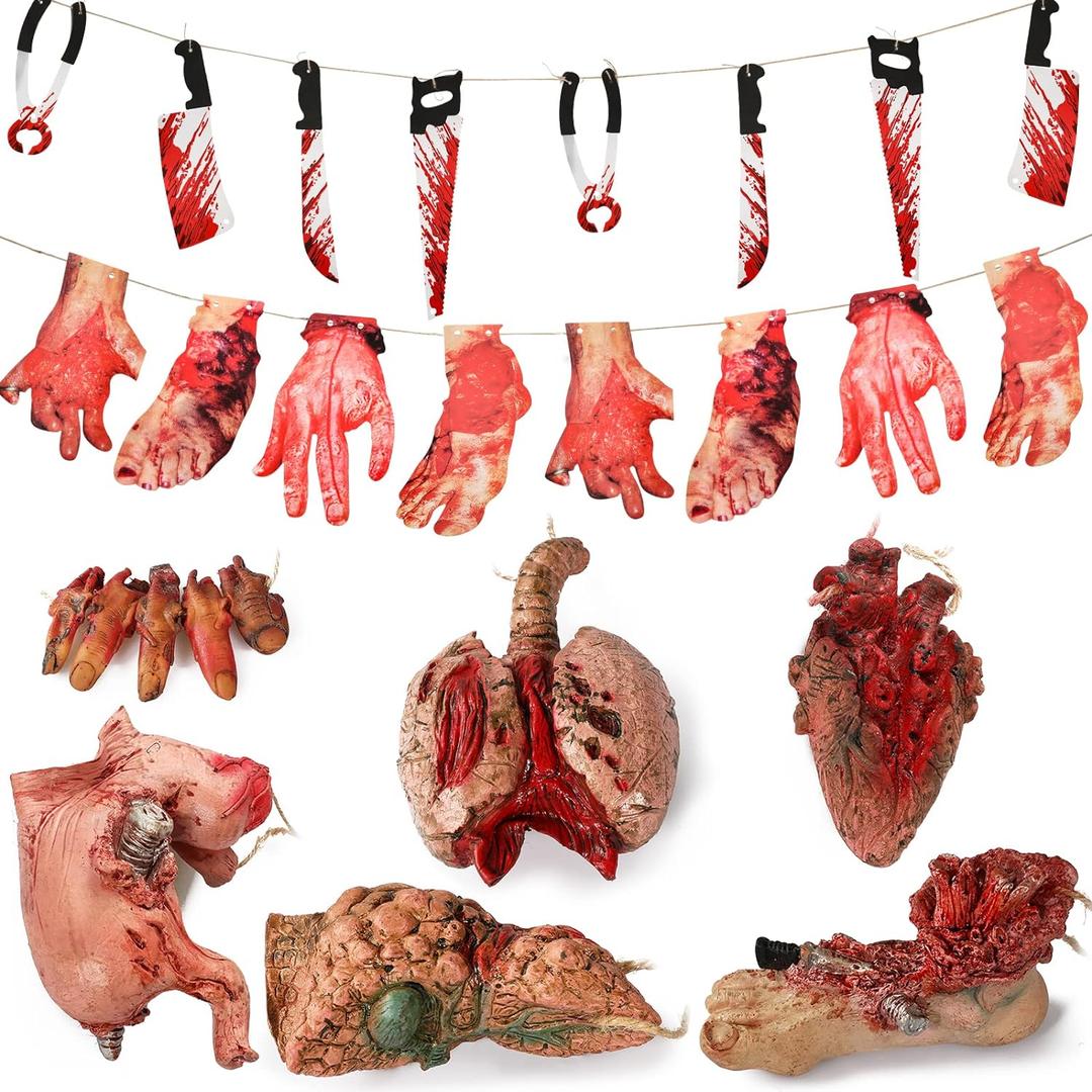 Halloween Blood Props Fake Scary Severed Hand Broken Body Parts for Haunted House Halloween Vampire Zombie Party Decorations Supplies (6pcs Body Parts)