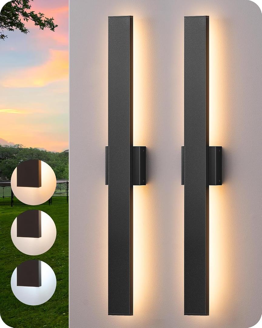 EDISHINE 31in LED Outdoor Wall Lights, 3CCT & 10%-100% Dimmable, IP65 Waterproof, Modern Exterior Lighting Fixtures, Long Exterior Wall Lights for Garage, Front Door, 2 Pack, Black, 31.5 in