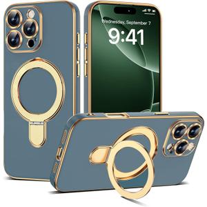 Compatible with iPhone 16 Pro Max Case with Magnetic Ring Stand [Compatible with Mag-Safe] [Full Camera Lens Protector] Soft Plating Phone Case for iPhone 16 Pro Max 6.9", Grey Blue