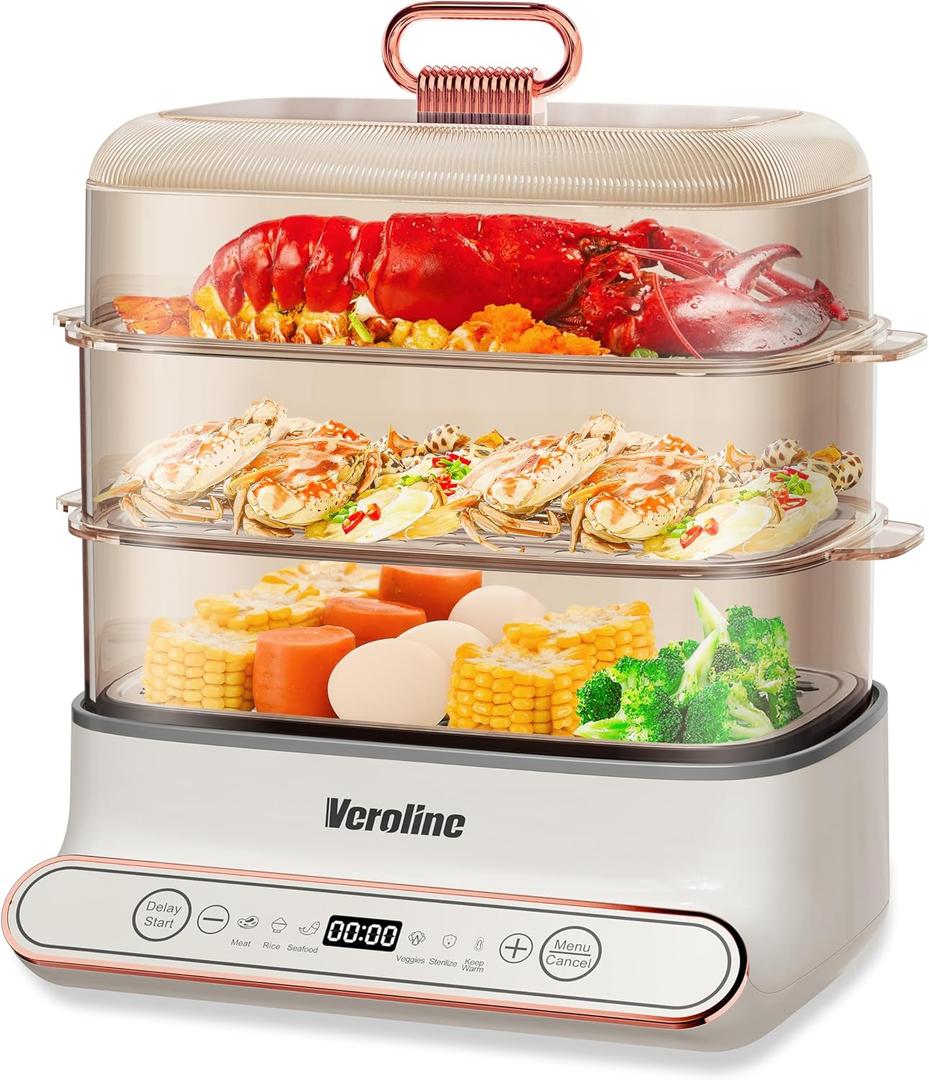 Electric Food Steamer for Cooking, 15QT Vegetable Steamer with 3-Tier Stainless Steel Trays, 1200W Electric Steamer for Fast Simultaneous Cooking, 24H Delay Start, Auto Shut-Off, BPA-Free