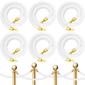Fumete 6 Pieces Velvet Stanchion Rope Bulk 6.5 Feet Crowd Control Barriers Safety Velvet Rope with Polished Gold Hooks for Party Openings, Not Include Stanchion Post(White)