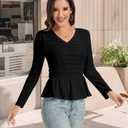 Shirts for Women V Neck Pullover Women’s Long Sleeve Blouses Ruffle Fitted Elastic Work Tops Lightweight Dress Shirts for Casual Black 2XL (Black, XXL)