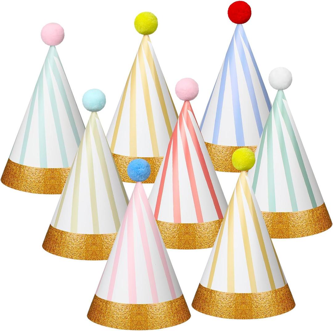 40 Pcs Birthday Party Hats Adult Pastel Cone Hats Bulk Pom Pom Lovely Stripe Headwear with Elastic String and Glue for Party Anniversary Jamboree Photo Props Decorations