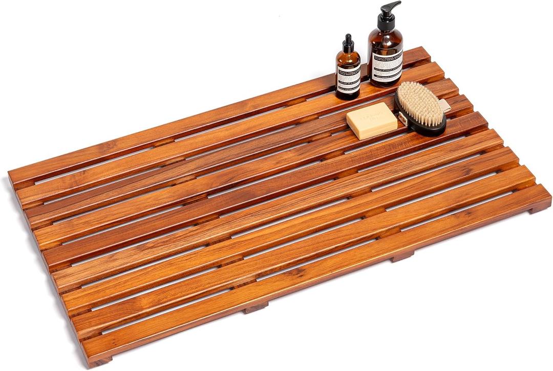 Teak Bath Mat 32"x18" Extra Large - Solid Wood Shower Mat for Bathroom, Spa & Outdoor Use - Non-Slip Fast-Drying Design - Natural Teak Wood - Wide Slat Floor Mat for Tub & Pool