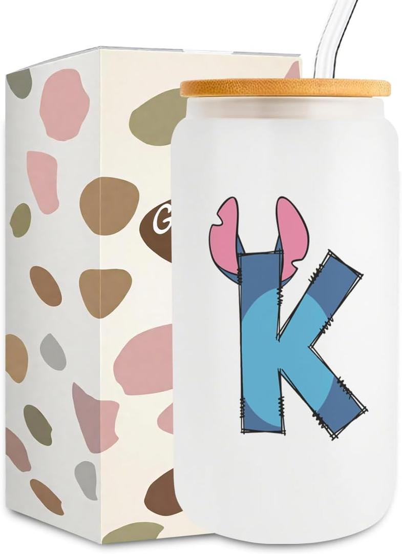 Cute Cartoon Lover Gifts Initial A-Z Personalized Iced Coffee Cup Cartoon Merch 16oz Glass Cup with Lid and Straws Birthday Christmas Gifts for Women Teen Girls Fans (Letter K) (Multicolor 1029)