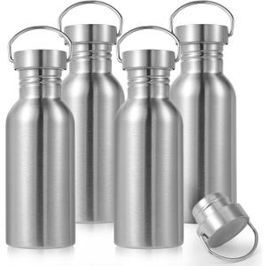 Volhoply 20oz Uninsulated Single Walled Water Bottle 4 Pack, Stainless Steel Reusable Water Bottles with Handle, BPA Free & Plastic Free 18/8 304 Metal Water Bottles for Camping, Hikers, Cyclists