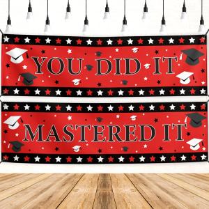 Masters Graduation Banner 2pc Class of 2026 Backdrop Sign Mastered It Congrats Grad Decor Black Red Graduation Decorations for Home Party