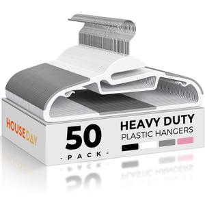 HOUSE DAY White Plastic Hangers 50 Pack, Slim Space Saving, Non Slip Hangers with Rubber Pads, Heavy Duty Coat Hanger for Closet, Prevent Stretching S-Shaped Clothes Hanger for Shirt, Suit, Pants