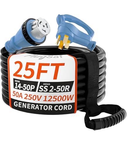 25FT 50 Amp Generator Cord, NEMA 14-50P/SS2-50R Heavy-Duty 4 Conductors Cable, Pure Copper STW RV Extension Cord, Female Plug with Twist Lock, Suitable for RV or Camper, ETL Listed