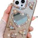 Trendy Girly Heart Mirror Compatible with iPhone 16 Pro Case, Elegent Cute Slim Women Bling Glitter Diamond Rhinestones Plating Butterfly Phone Cases(Gold,16 Pro)
