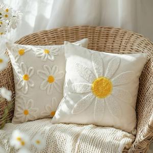 GEEORY 2-Pack 18x18 Inch Spring Summer Daisy Embroidered Canvas Throw Pillow Covers, Farmhouse Cotton Cushion Cases for Sofa Bed Living Room Home Decor