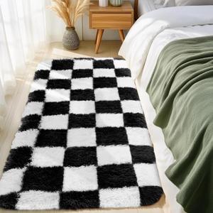 Soft Rugs for Living Room, 2x6 FT Black and White Checkered Fluffy Shaggy Rugs for Indoor Use, High Pile Ultra Fuzzy Rug for Bedroom Kids Nursery Rooms,Home Decor Aesthetic