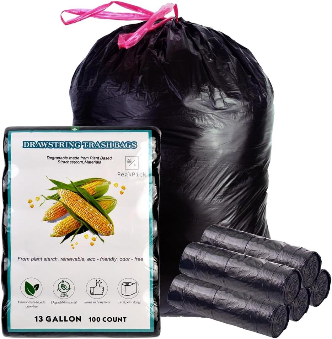 Home Compostable Trash Bags 13 Gallon, 100 Count Tall Kitchen Garbage Bags (23 x 29) Black, Extra Strong Food Waste Bags for Kitchen, Office, Yard