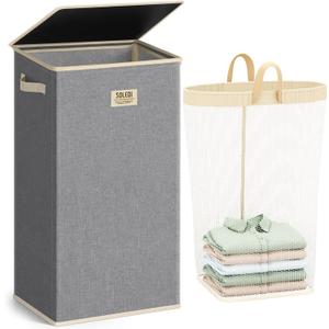 SOLEDI Laundry Hamper with Lid 100L Large & Tall Collapsible Laundry Basket, Clothes Hamper with Bag Removable Easy to Carry, Dirty Hampers for Bedroom, Bathroom, Dorm, College, Light Grey