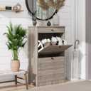 Shoe Cabinet with 2 Flip Drawers, Narrow Freestanding Shoe Storage Organizer, Slim Wooden Hidden Shoe Rack for Front Door Entrance, Closet, Hallway, Living Room, Rustic Gray (1pcs)