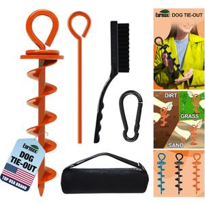 Eurmax USA Heavy Duty Dog Tie Out Stake for Large Dogs up to 210 lbs,Dog Stakes for Outside,Ground Anchor for Dog Leash,Runner Cable, and Pet Gadget Dog Accessories Trampoline Stakes 1-Pack (Orange)