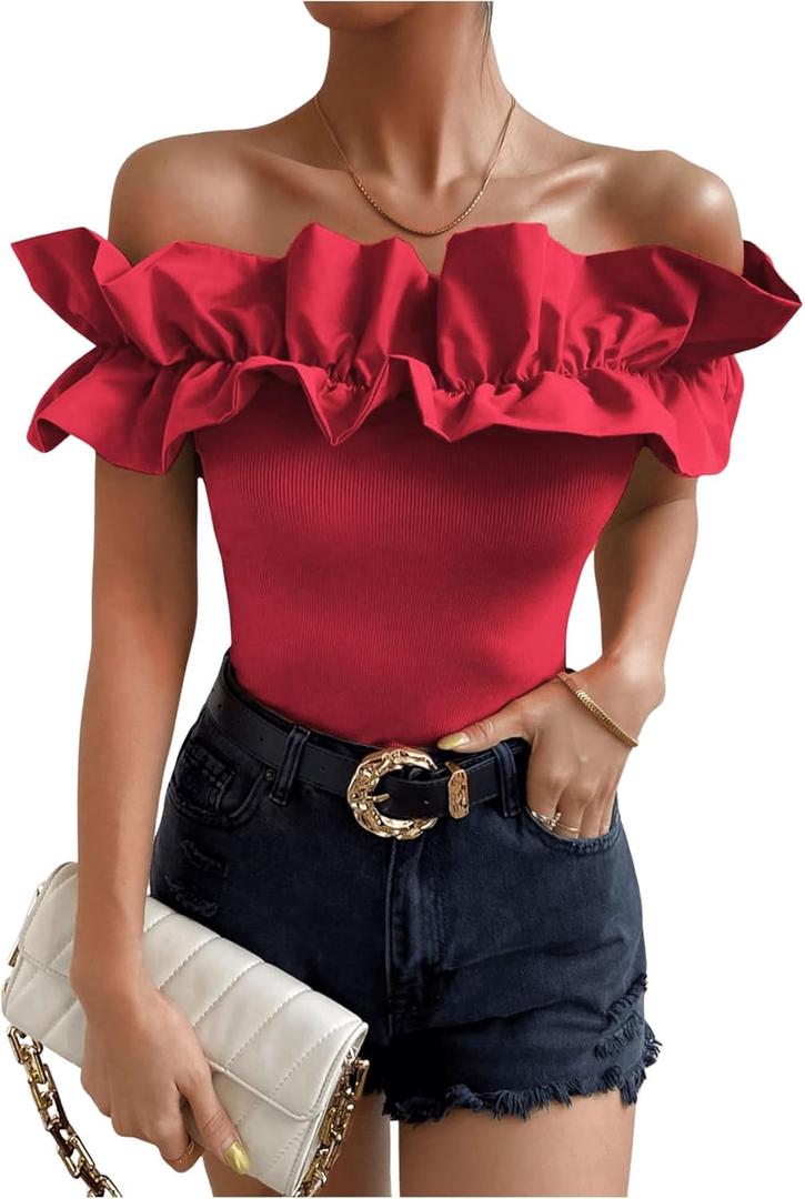 OYOANGLE Women's Ruffle Trim Off Shoulder Short Sleeve Blouse Party Tops Shirt (Red, M)