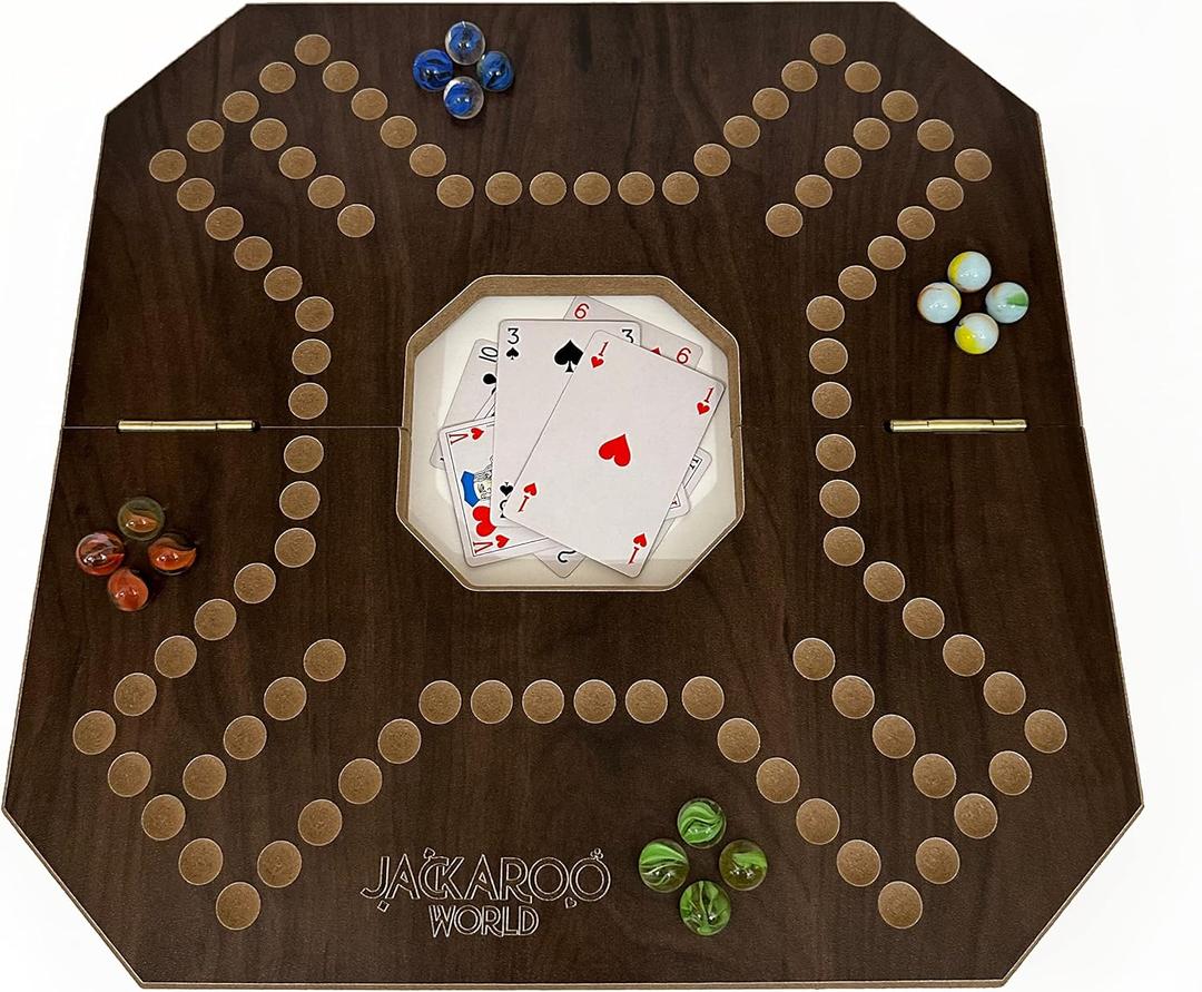 Jackaroo Board Game, 2-4 Player Marble Strategy Game, Solid Wooden Game with 16 Glass Marbles and 52 Cards, Marble Chase Game, Jokers and Marbles Board Game, Foldable Board with Carry Bag (Walnut)