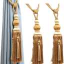 Curtain Tiebacks Holdbacks Sling Binding Rope Handcrafted Tassels Lantern Single Hanging Ball Tie Backs Home Office Window Decorative Drapery Fasteners Fringe Ropes 2 Pack (Gold)