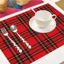 Red Plaid Cloth Placemats Linen Dinner Mats Traditional Scottish Checkered Tartan Wipeable Set of 4 Placemats Table Pads Indoor Table Protectors Non Slip,12 * 18 Inch