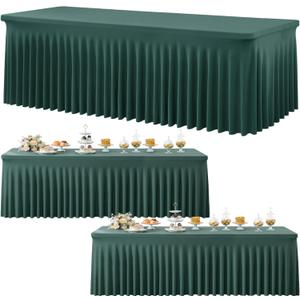 3 Pack Hunter Green Spandex Tablecloth for 8 Foot Rectangle Tables, Wrinkle Free Fitted Table Cloth Cover 8ft Green Stretchy Tablecloths with Skirt for Parties Weddings Birthday Banquet Baby Shower