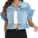 MISS MOLY Women's Denim Jacket Ruffle Sleeve Button Down Distressed Summer Cropped Jean Jackets, Small
