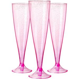 Homy Feel Pink Glitter Plastic Pink Wine Glasses 30 Pack,5 OZ Champagne Flutes Disposable for Party,Plastic Champagne Flutes,Mimosa Bar Glasse Supplies