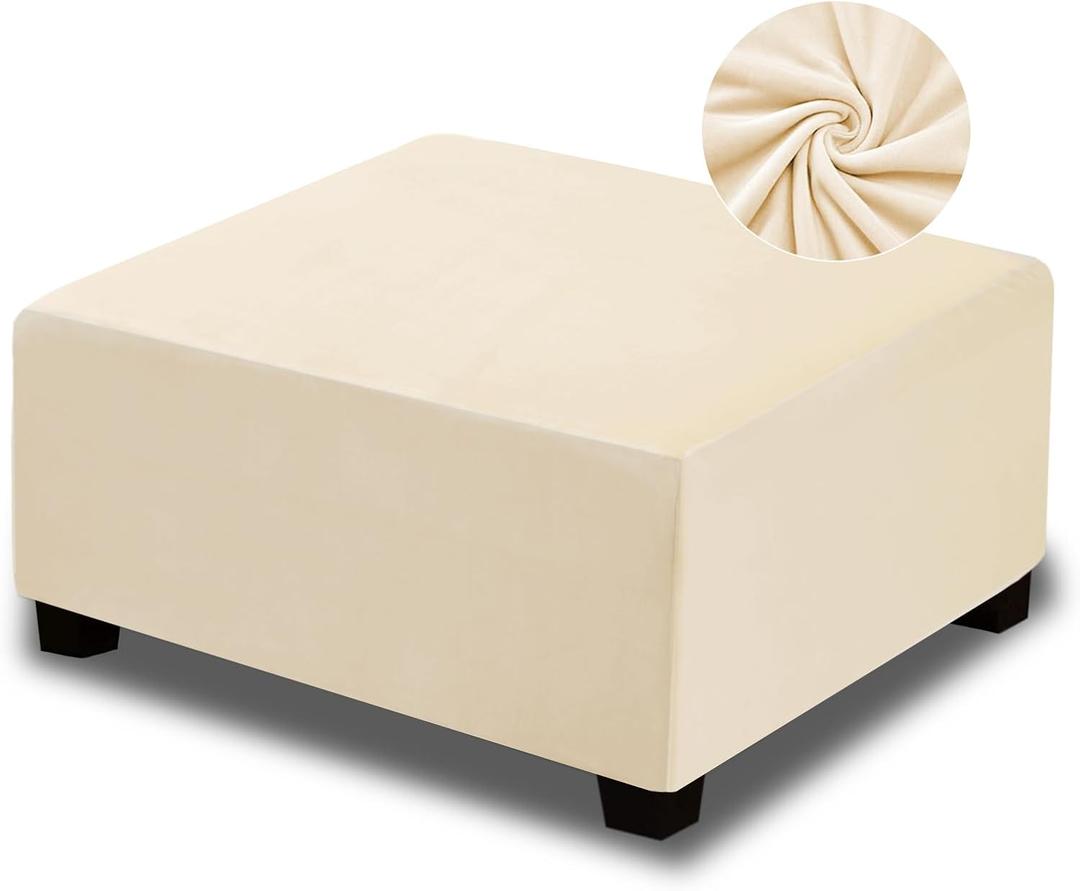NeColorLife Velvet Ottoman Cover Square, Stretchable Footrest Stool Slipcover with Elastic Band for Rectangle and Square Storage Ottoman (Large, Cream (with Warm Undertones))