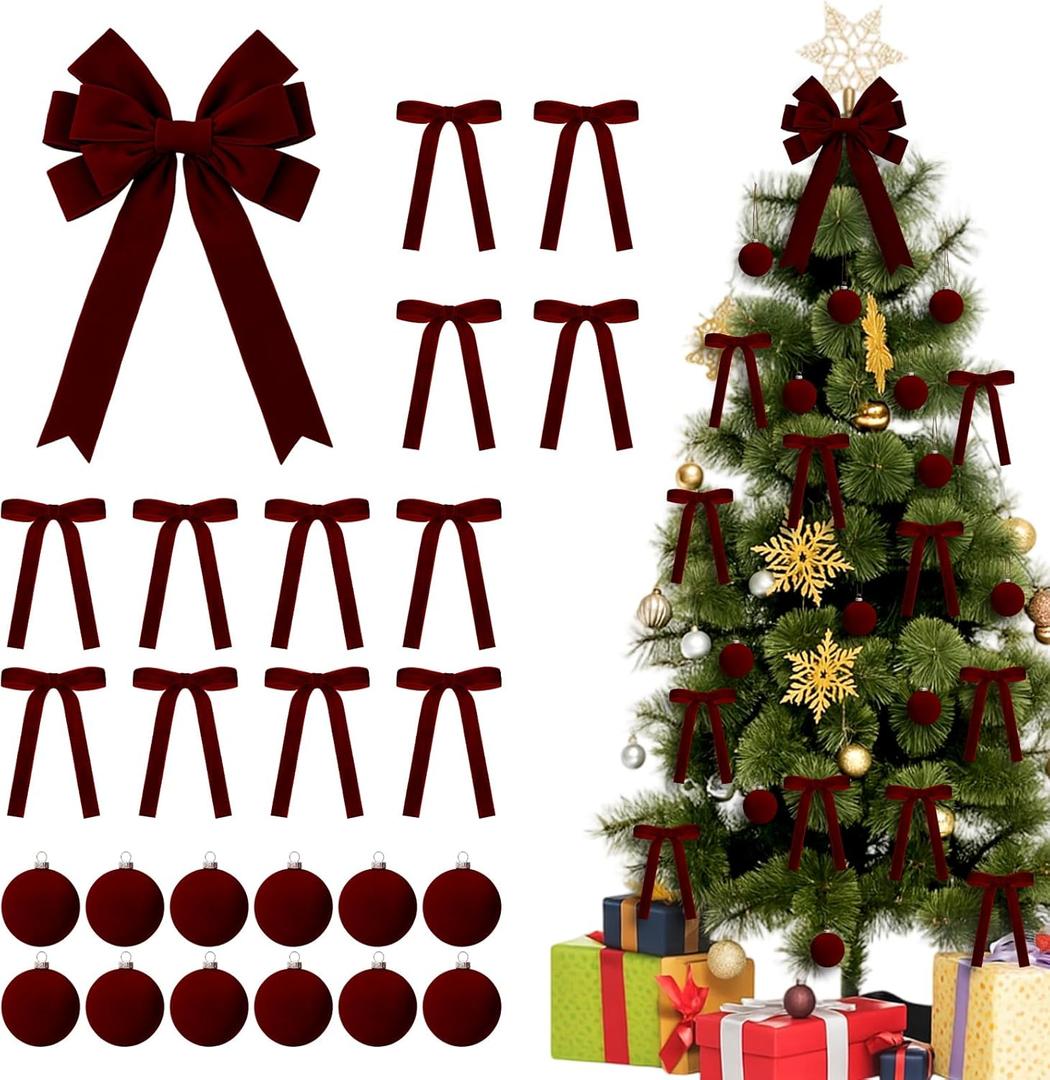 25 Pcs Burgundy Velvet Tree Topper Christmas Ornaments Include Large Christmas Bows Tree Topper 12 Xmas Velvet Balls 12 Burgundy Bows for Xmas Holiday Door Fireplace Wall Party Decor