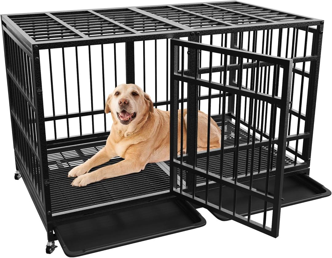 48 Inch Heavy Duty Dog Crate for Large Dogs Indestructible Dog Cage XL High Anxiety with Wheels Impact Escape-Proof Dogs Crate Kennel Indoor with Locks and 2 Removable Trays (Black)