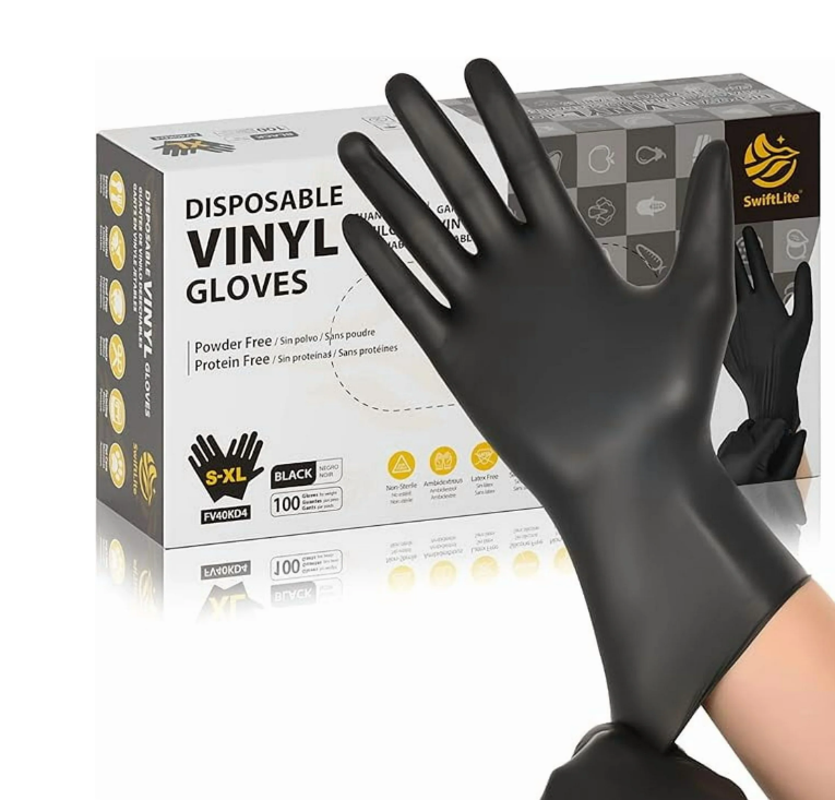 SWIFTLITE Black Vinyl Gloves, Food Grade Gloves Disposable Latex Free & Powder Free, Guantes for Cleaning Cooking Food Prep (100, Large)