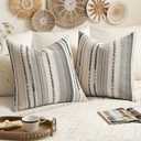 EMEMA Set of 2 Boho Decorative Throw Pillow Covers 26x26 Inch Tufted Chenille Farmhouse Cushion Covers Textured Striped Pillow Covers Accent Neutral Pillowcases for Sofa Couch Bed Grey-White