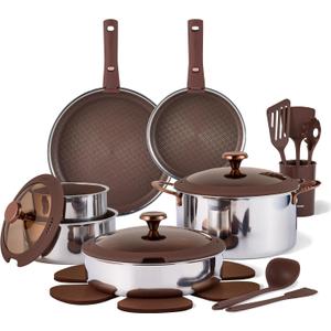 CAROTE 22PCS Stainless Steel Cookware Set with Detachable Handle, Ceramic Hybrid Nonstick Pots and Pans Set, Titanium Cookware, Stackable Kitchen Cookware Set, Induction Safe, Oven Safe, Brown