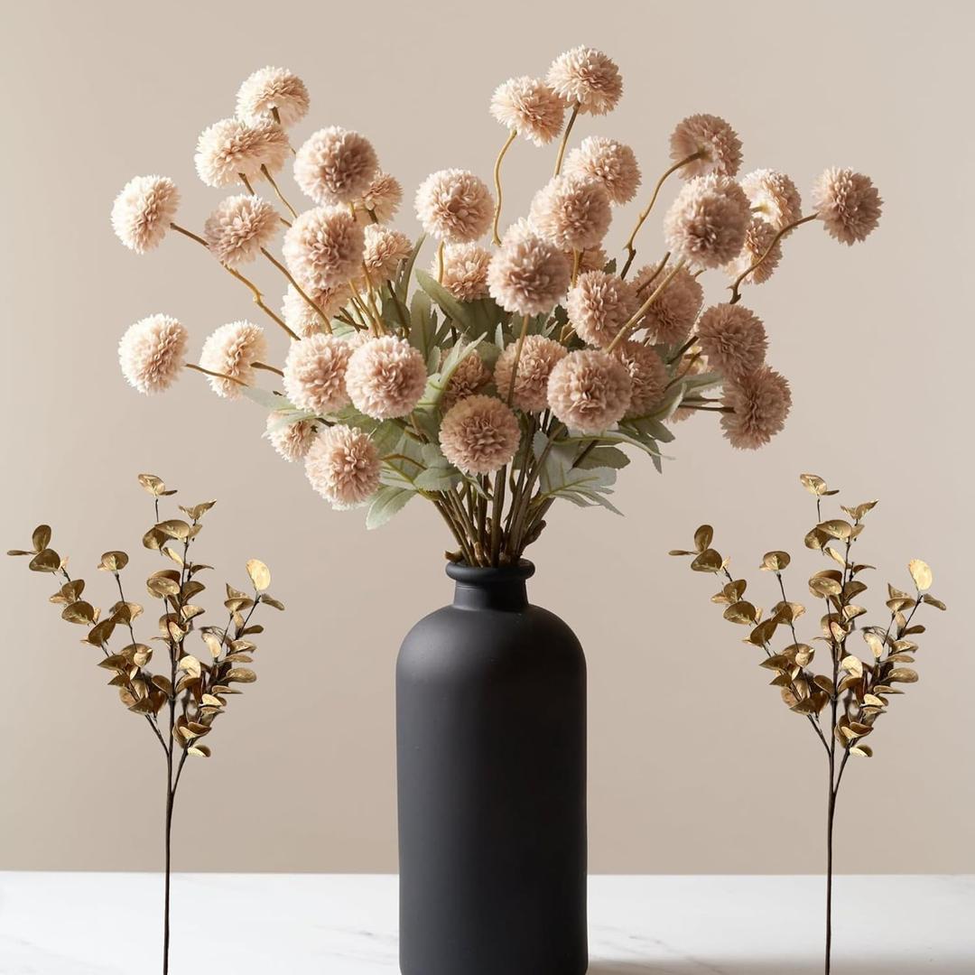 Beige Fake Flowers Silk 10 Mum Stems Eucalyptus Arrangement, Faux Flowers For Vase, Artificial Mums, Mini Floral Long Stem, Tan Nude Cream Neutral Floral, Chrysanthemum Pom Pom Floral Arrangement