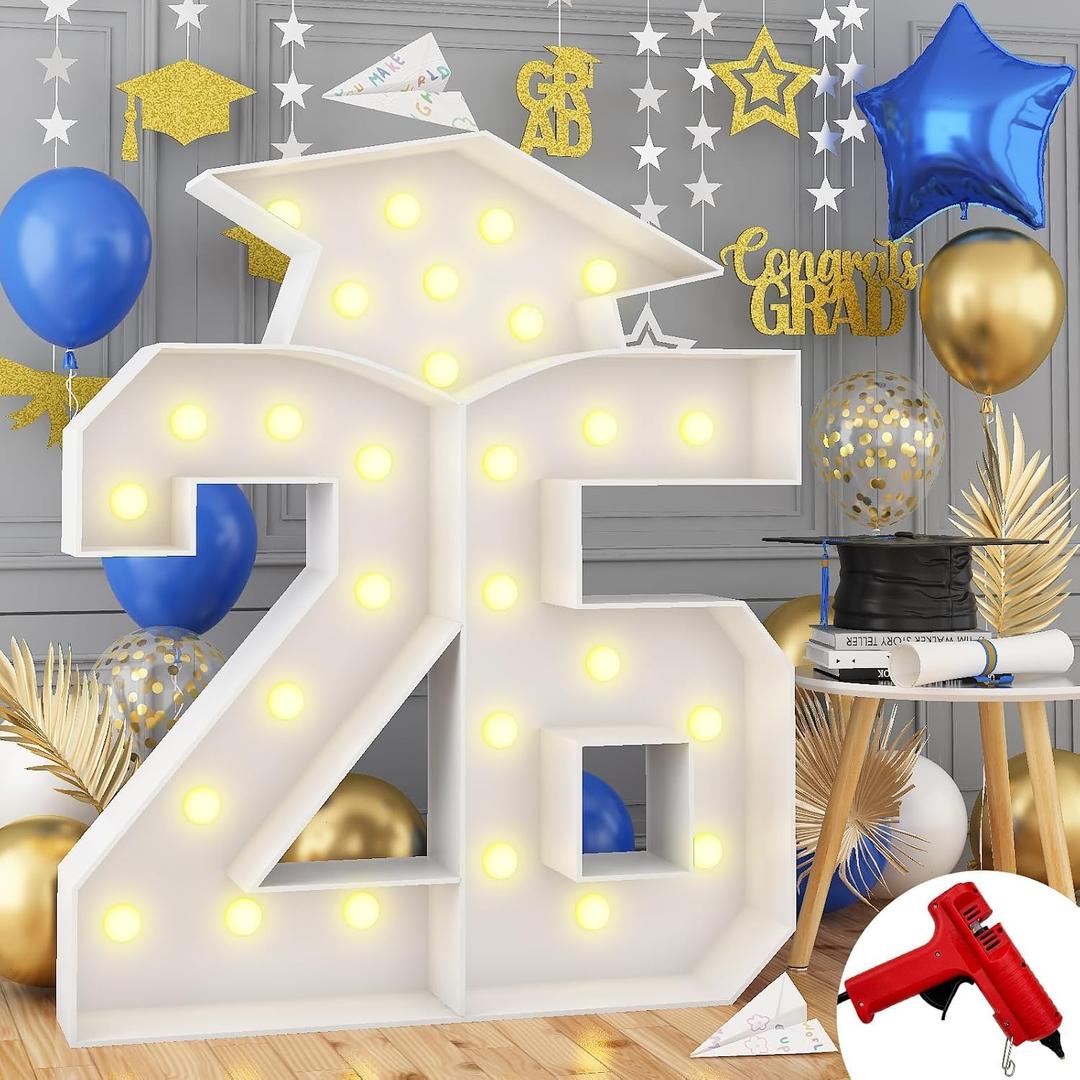 4.5FT 2026 Graduation Decorations, Large 26 Light Up Numbers Graduation Cap with Lights, White Mosaics Marquee 26 Numbers Kit for Class of 2026 High School College Graduation Grad Party Decorations