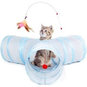 Tempcore Pet Cat Tunnel Collapsible Toy, 3-Way Kitty Tunnel with Peek Hole & Ball - Indoor Play Tube for Cats, Kittens, Puppy, Rabbit - Light Grey Boredom Relief Toy